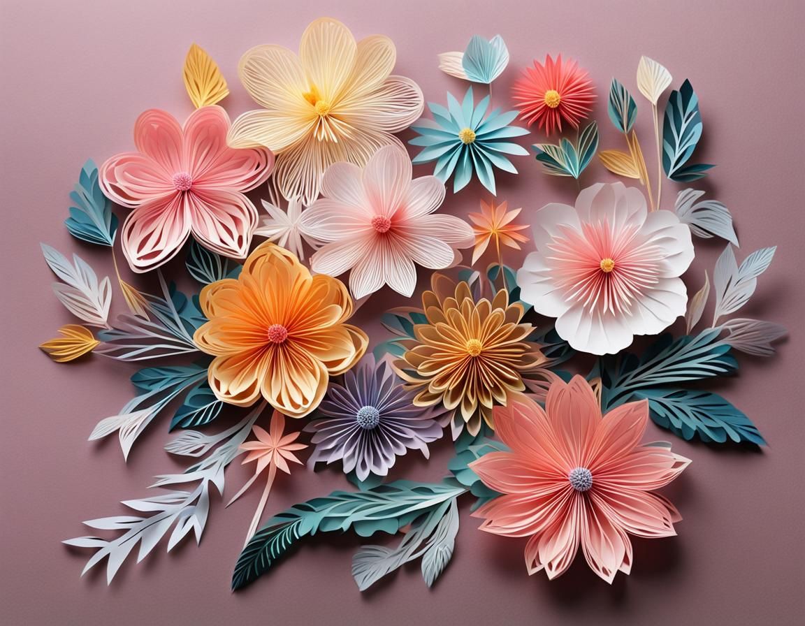 3D Kirigami Japanese Flowers Sculpture on Black