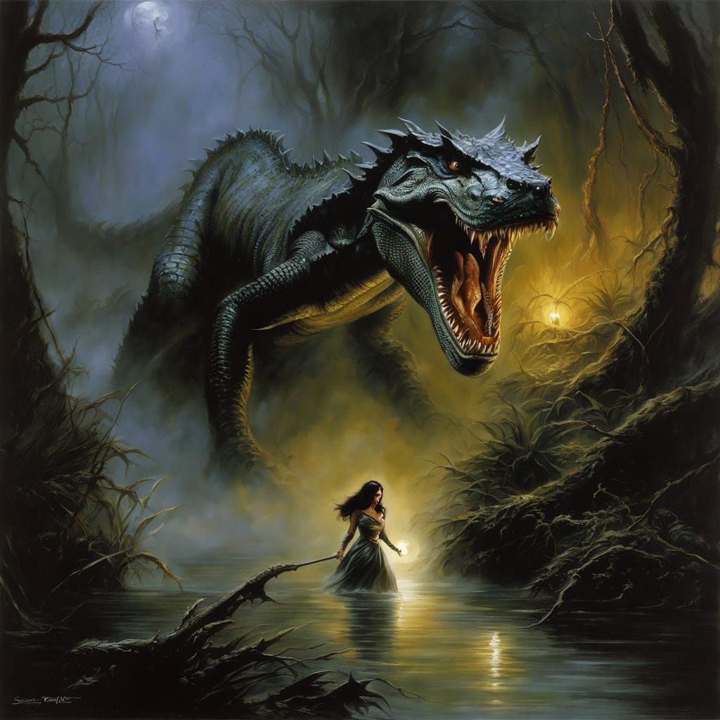 Woman Fleeing Lizardman in Ominous Swamp Painting