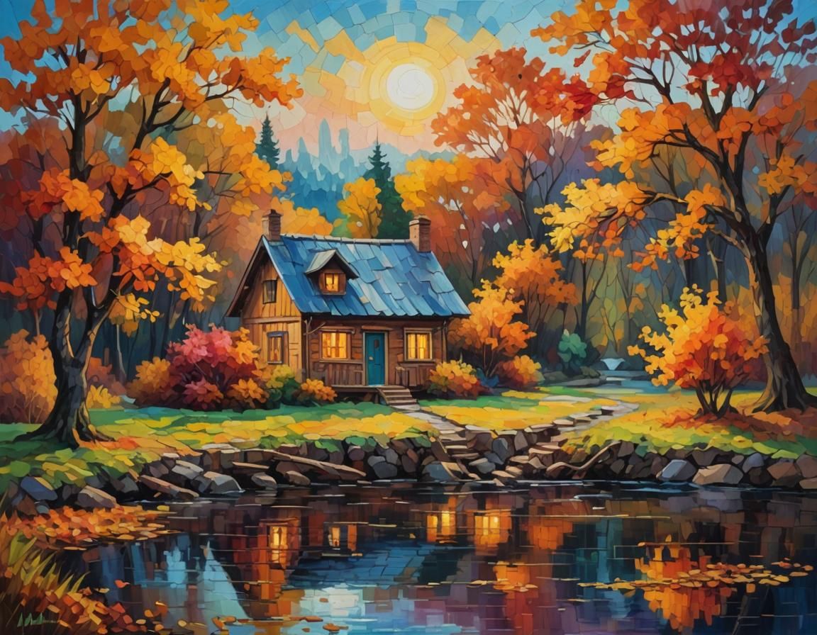 Autumn Sunset Cottage in Neo-Impressionist Style