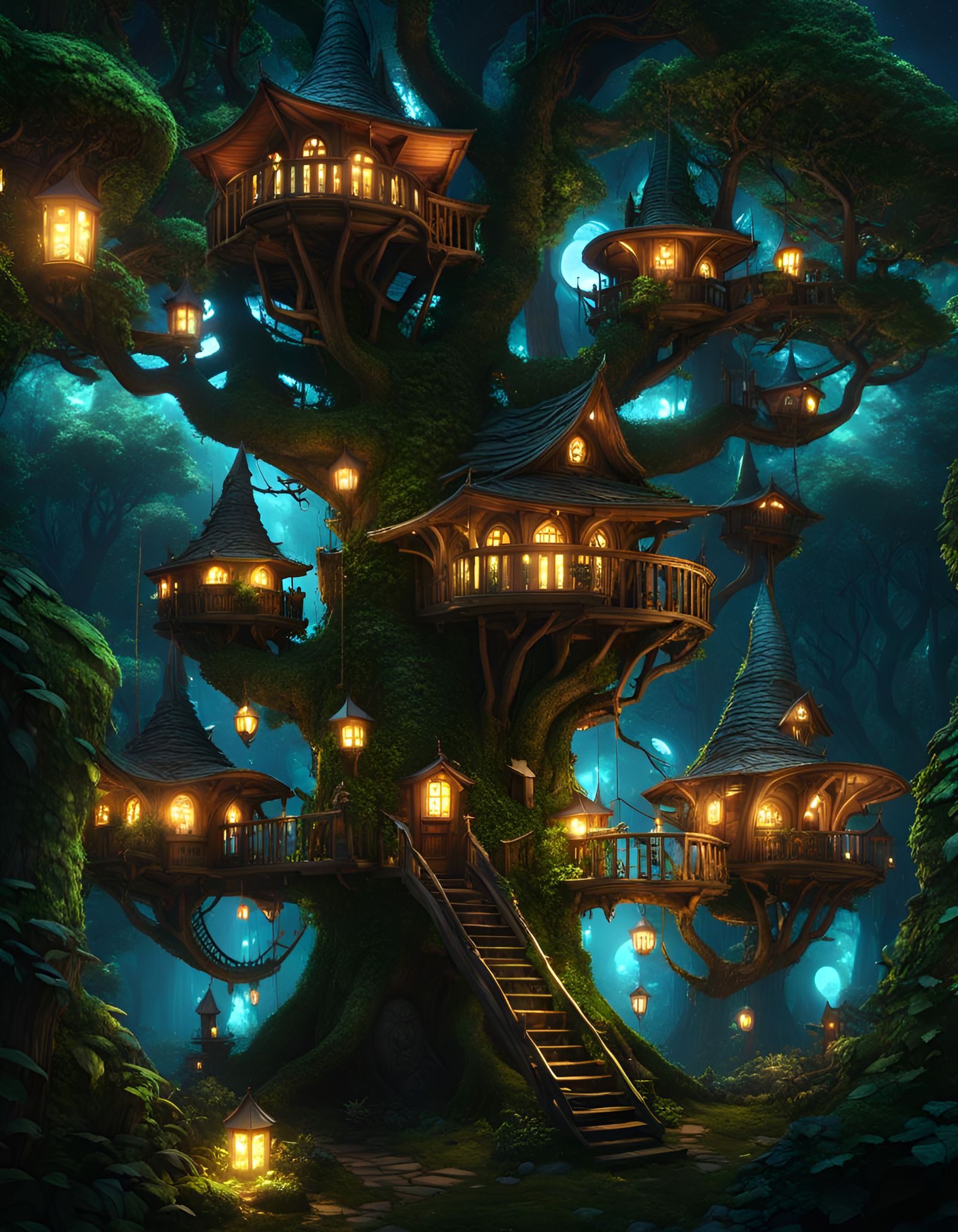Goblincore Tree City at Night: Dark Fantasy Village