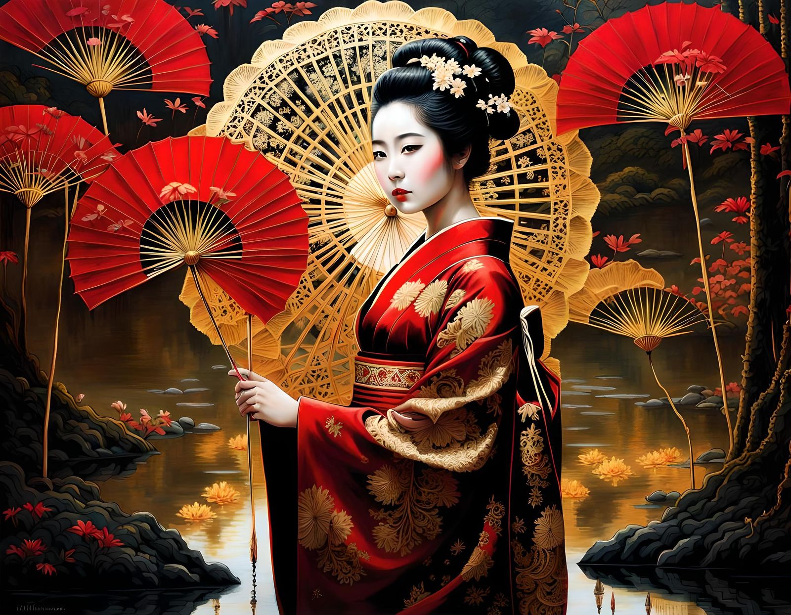 Ornate Geisha in Mirrored Reflection, Dark Fantasy Style