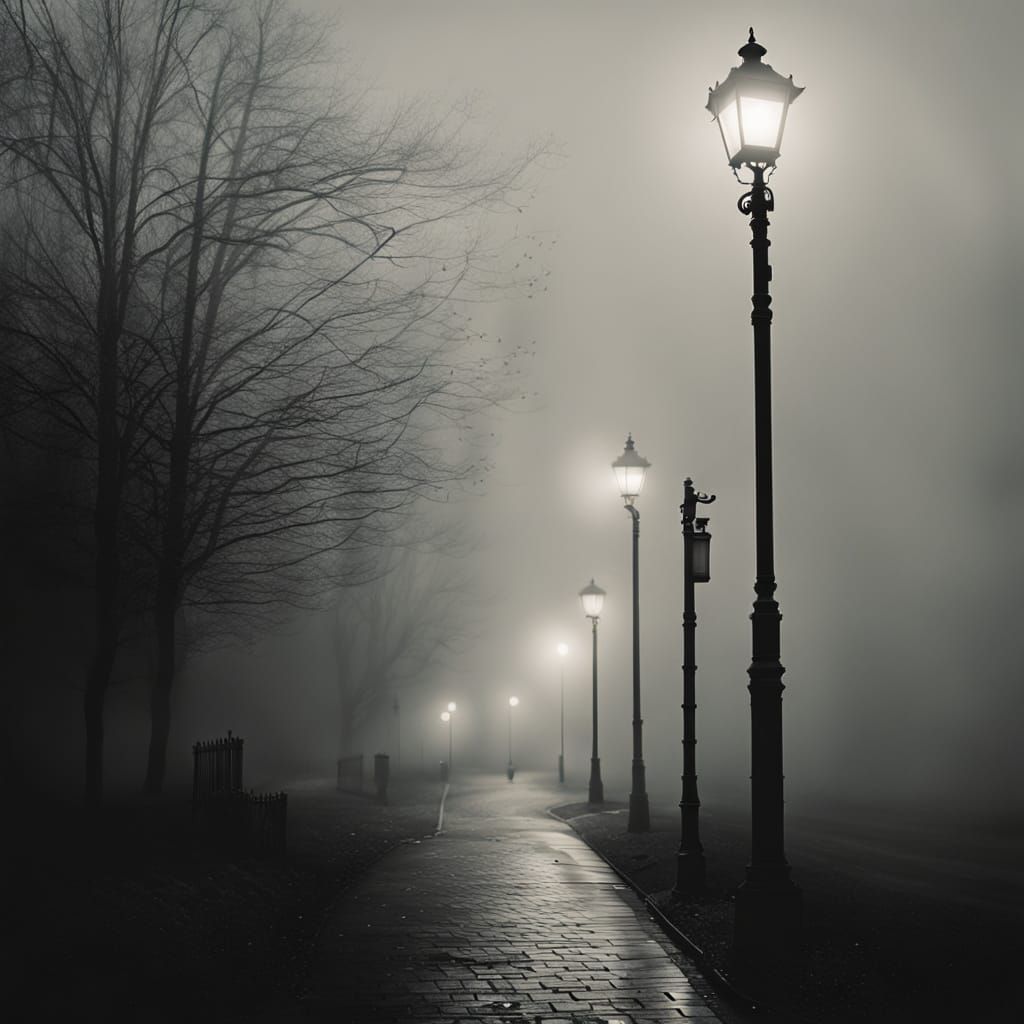 Film Noir Lamppost in Misty Grayscale