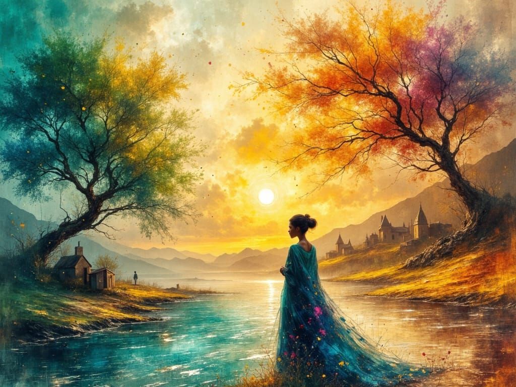 Zimbabwean Woman in Dreamy Landscape as Watercolor