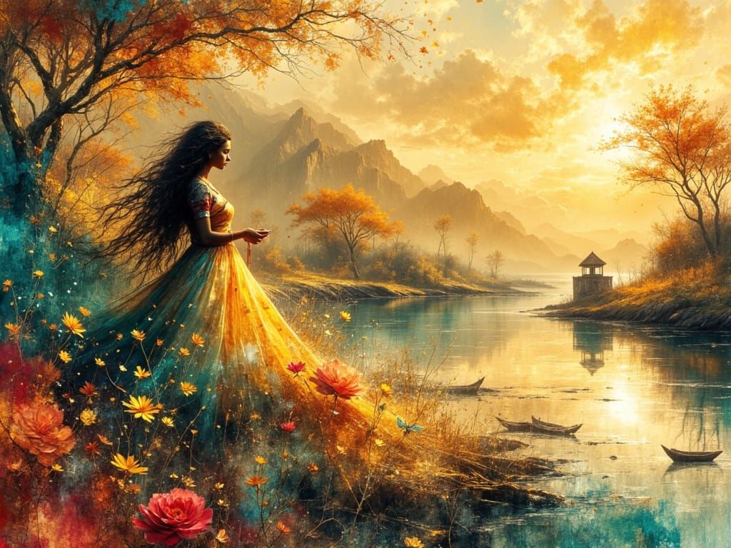 Dreamy Zimbabwean Woman in Watercolor Landscape