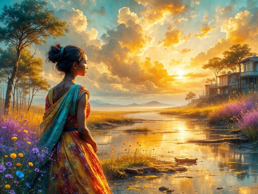Dreamy Zimbabwean Woman in Watercolor Sunset Landscape
