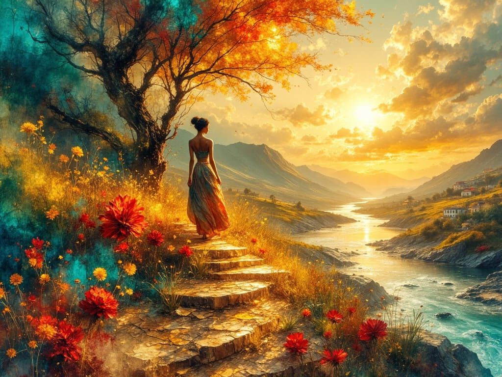 Dreamy Zimbabwean Woman in Ethereal Watercolor Landscape