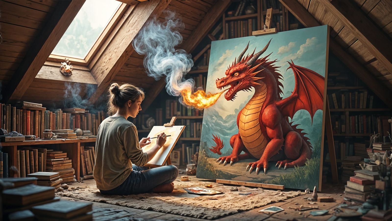 Artist Paints Dragon in Cozy Attic Studio