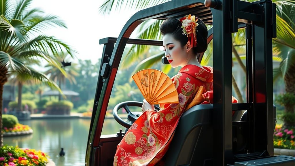 Elegant Geisha Amidst Industrial Oasis