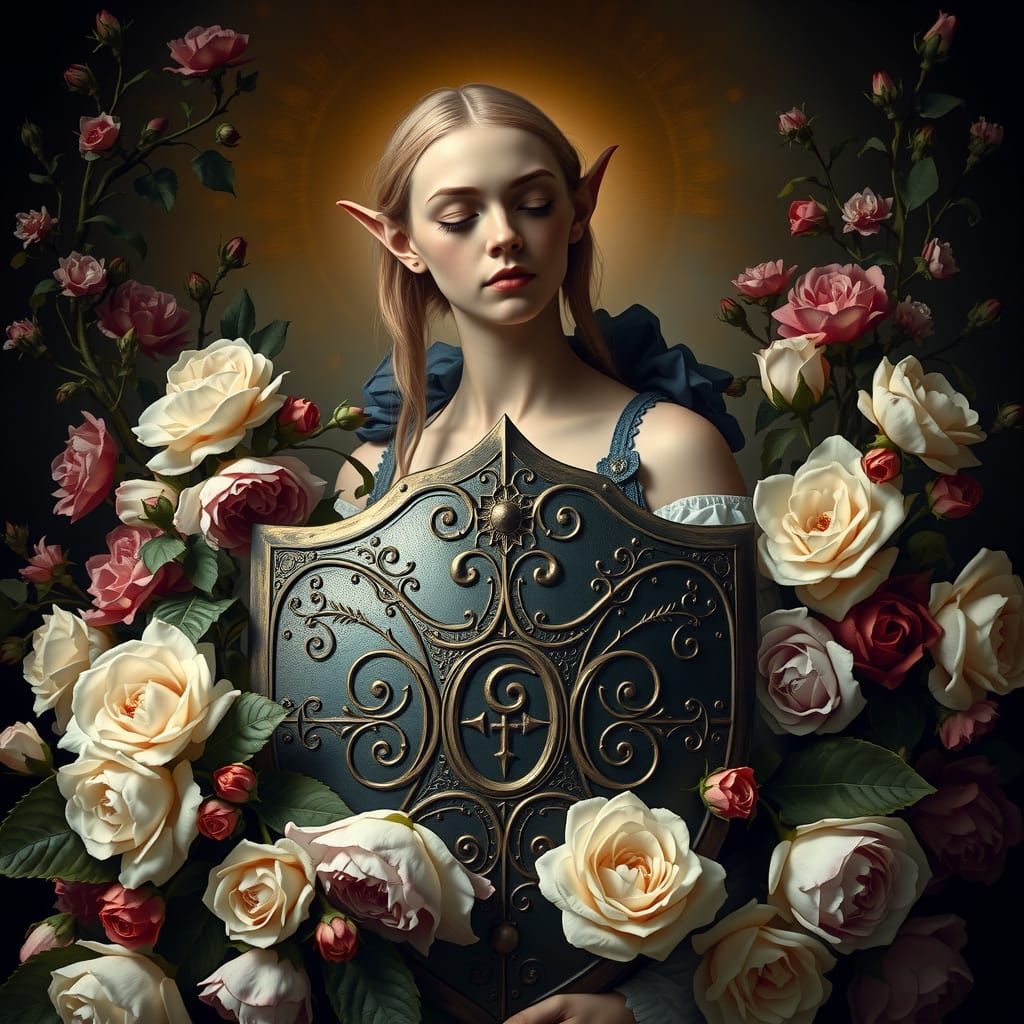 Enigmatic Elf Maiden in Baroque Still Life with Florid Arran...