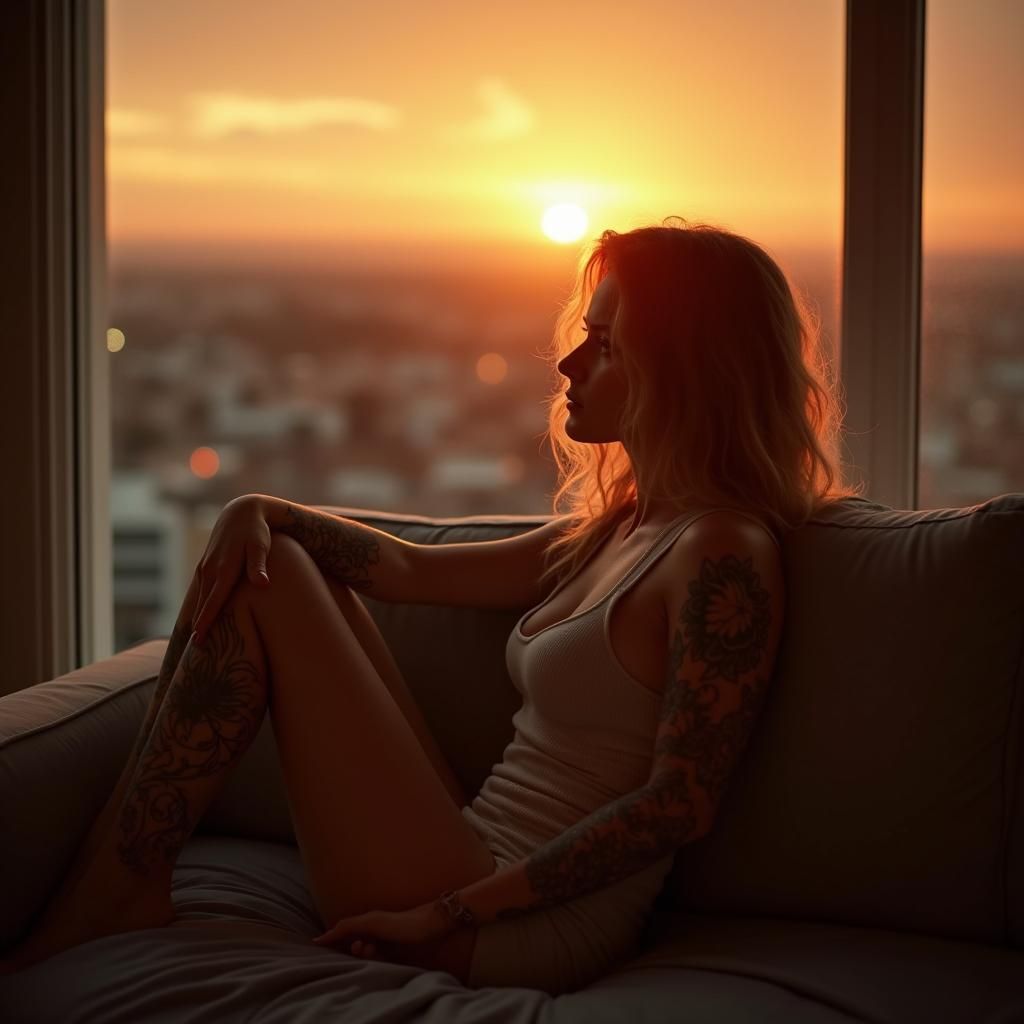 Tattooed Woman Watches Sunrise: Digital Art