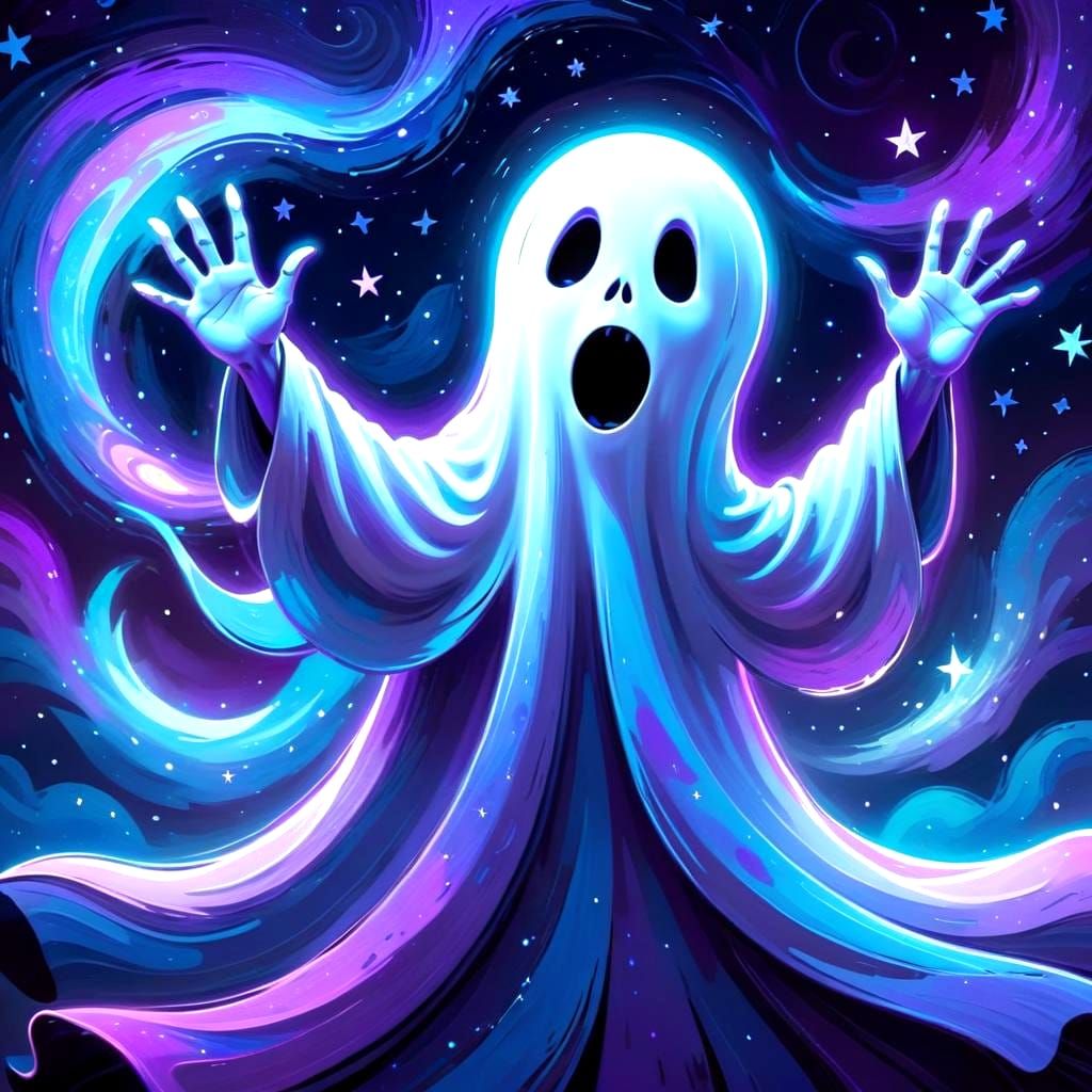 Playful Ghost Floating Under Starry Night Sky