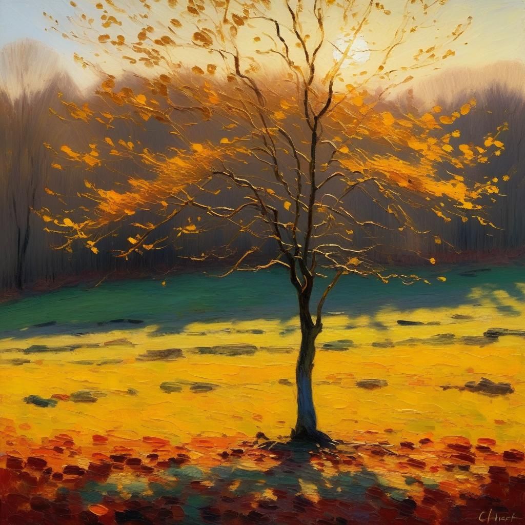 Lone Autumn Tree in Impressionist Style