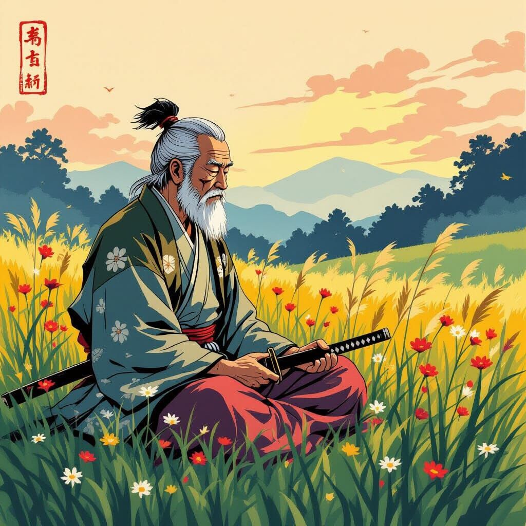 Elderly Samurai Meditating in Dawn Meadow, Ukiyo-e Style