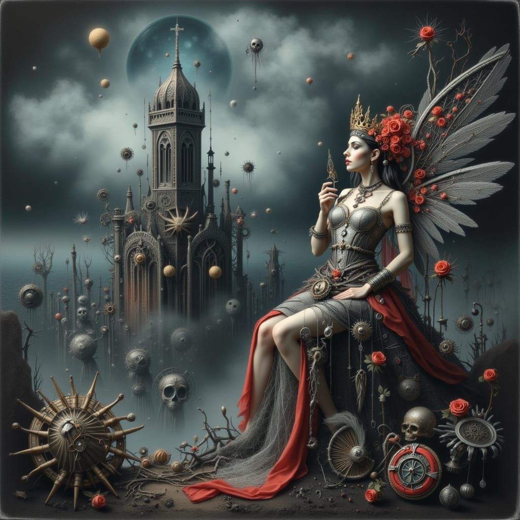 Gothic Queen Surveys Foggy Kingdom from Tower