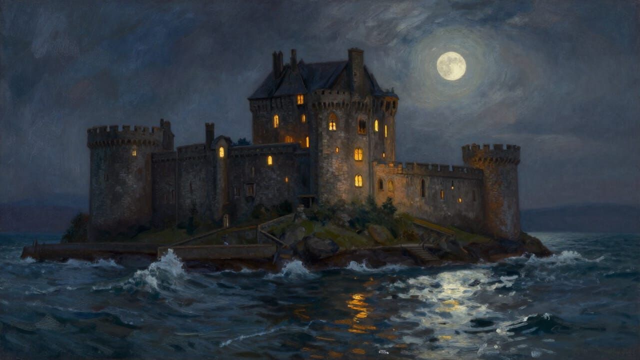 Ominous Castle on Cliff Overlooking Turbulent Sea