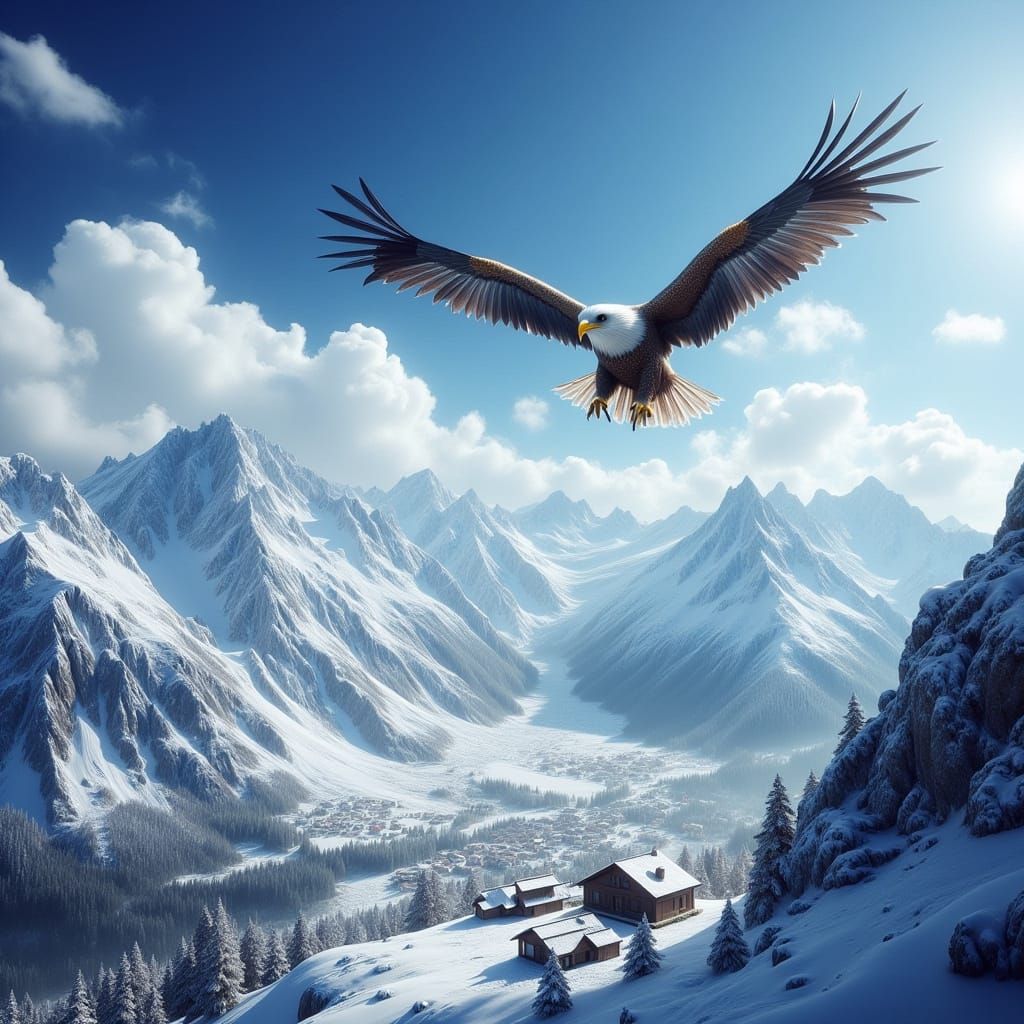 Majestic Eagle Soars Over Snow-Capped Swiss Alps