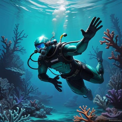 Hyperrealistic Underwater Diver in Coral Reef