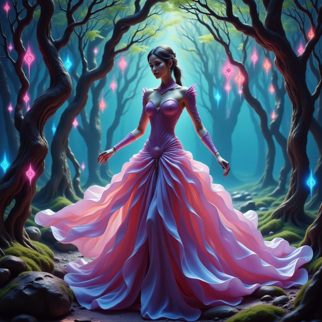 Alien Princess in Magic Forest with Volumetric Lighting
