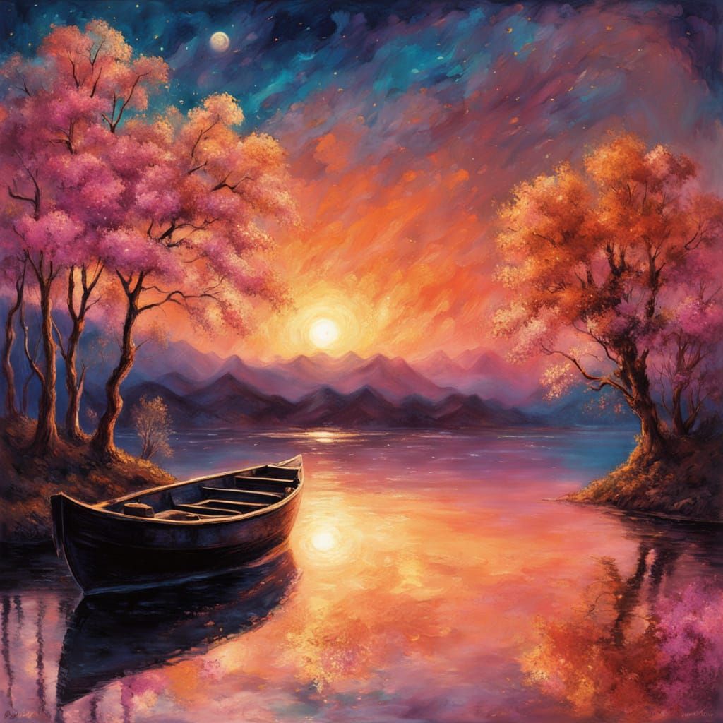 Fantasy Lakeside Sunset with Glowing Boats, Digital Art