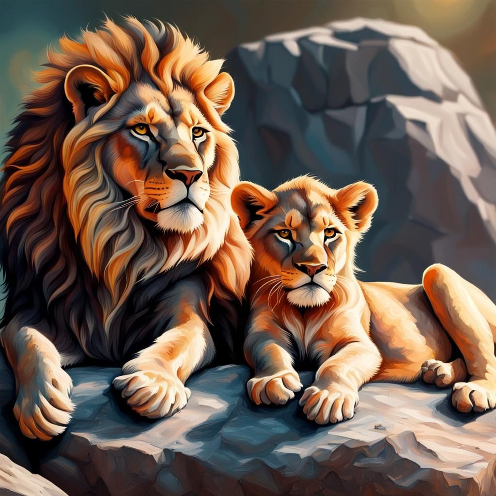 Lion Family Portrait in Hyperrealistic Splash Art