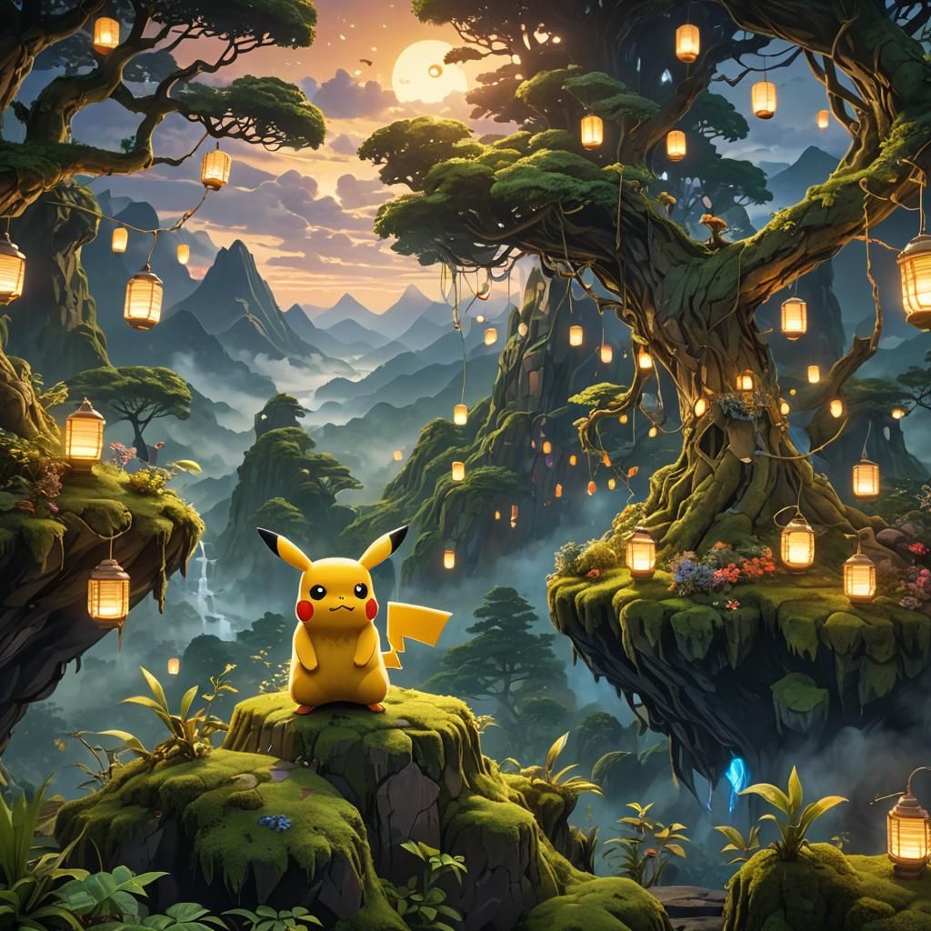 Heroic Pikachu on Mossy Mountain at Dusk