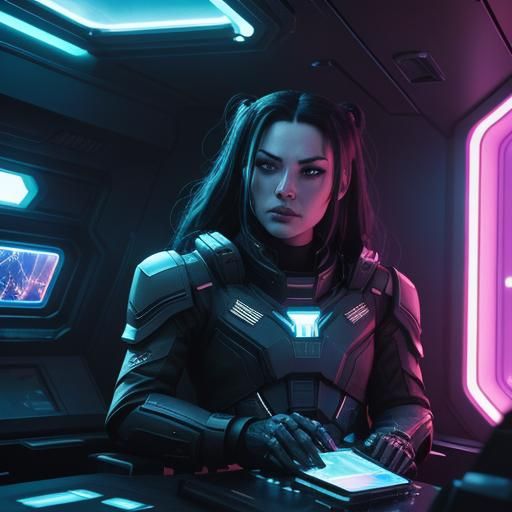 Sci-Fi Captains in Spaceship Interior with Neon Lighting