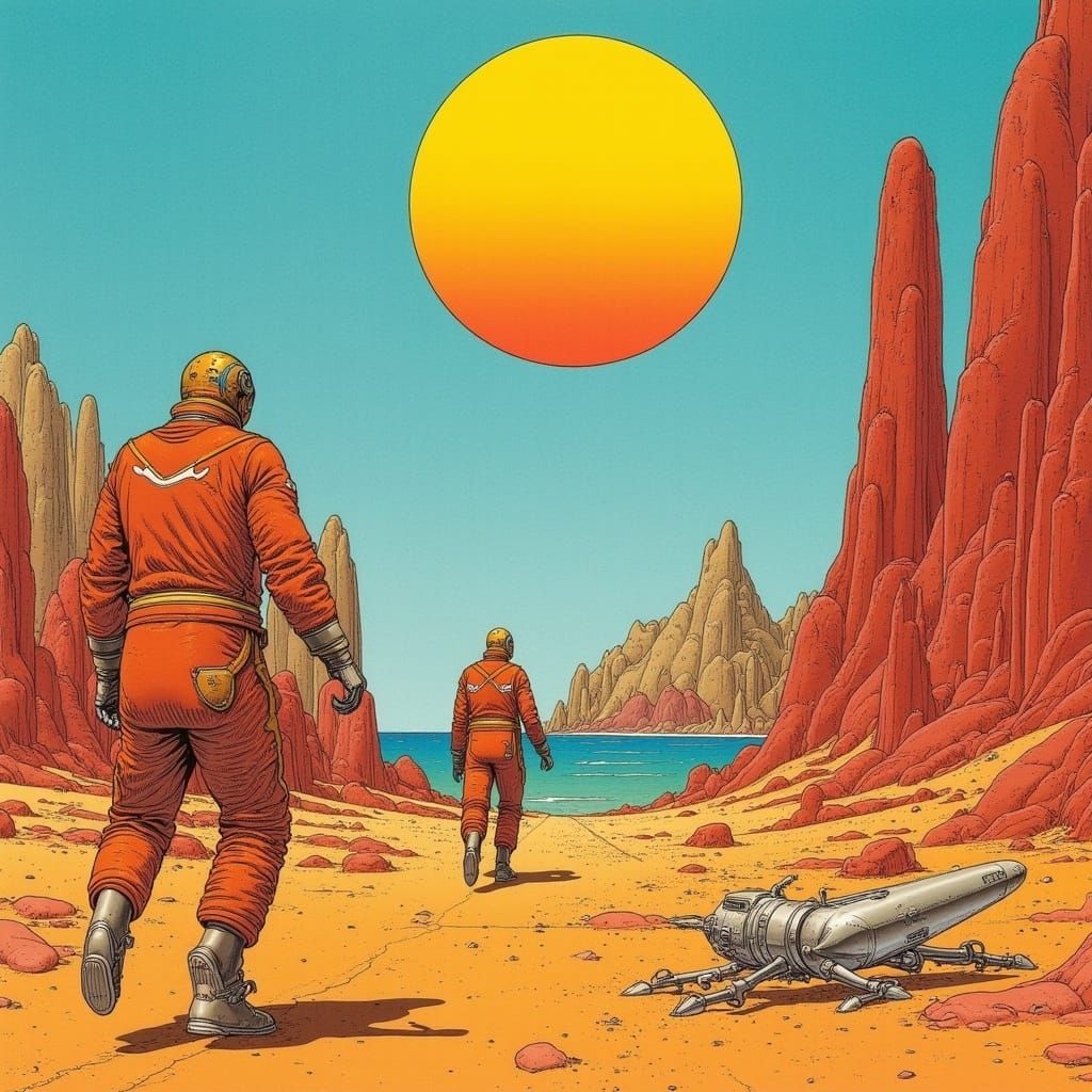 Retro Sci-Fi Explorers on Alien Planet as Comic Art