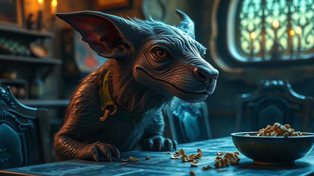 Enchanted Familiar Sits Beside Dining Table in Whimsical Fan...