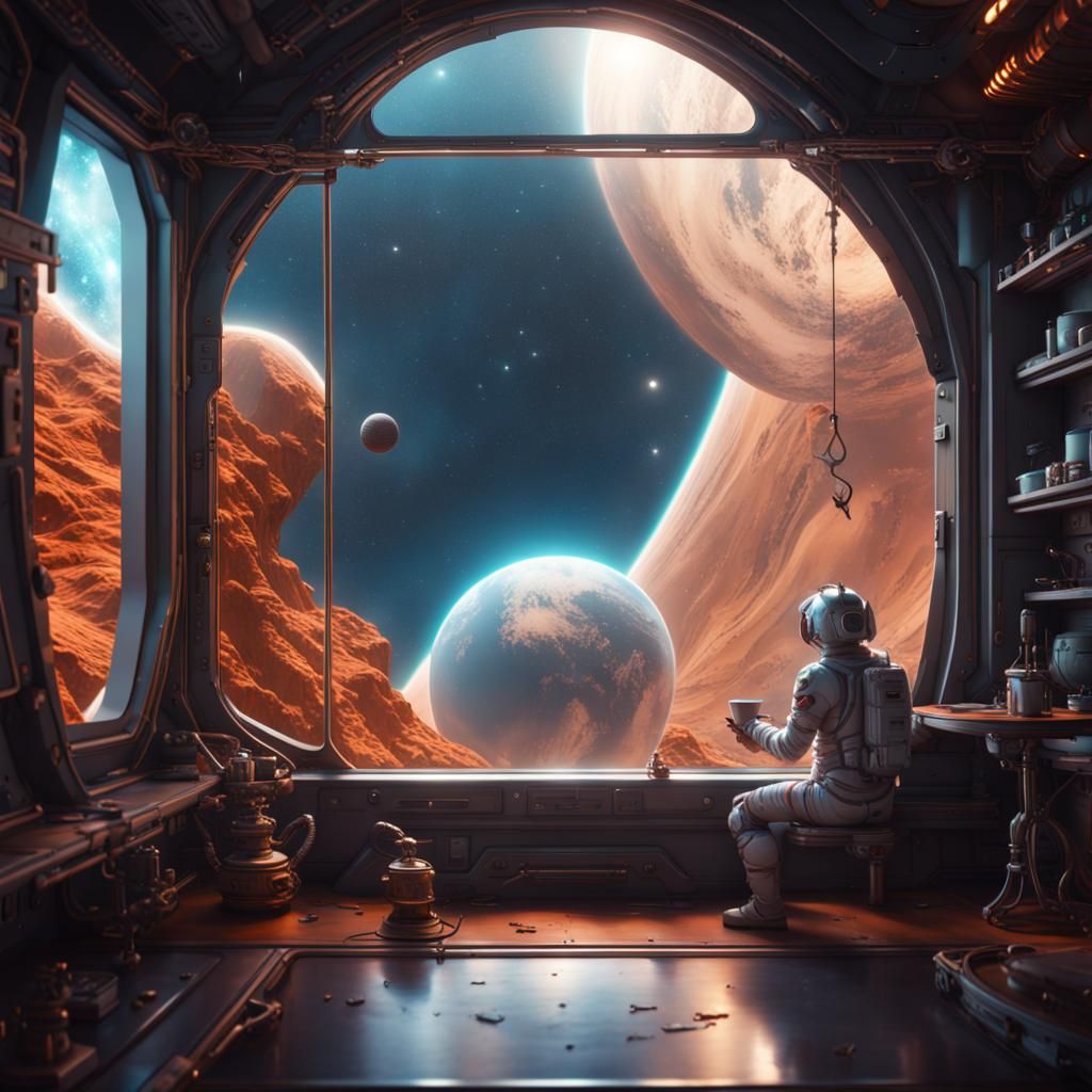 Astronaut Drinking Tea on Space Platform: Detailed Matte Pai...