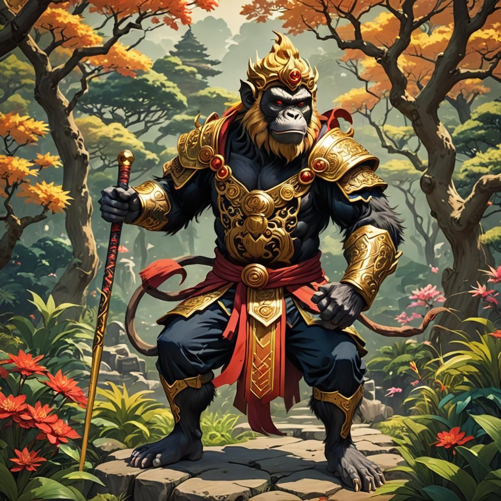 Monkey King in Japanese Garden, Cel-Shaded Manga