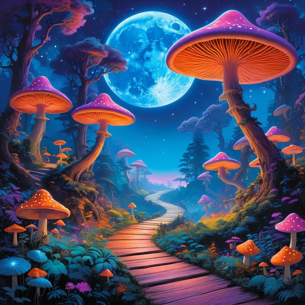Cosmic Fantasy Forest with Giant Mushrooms