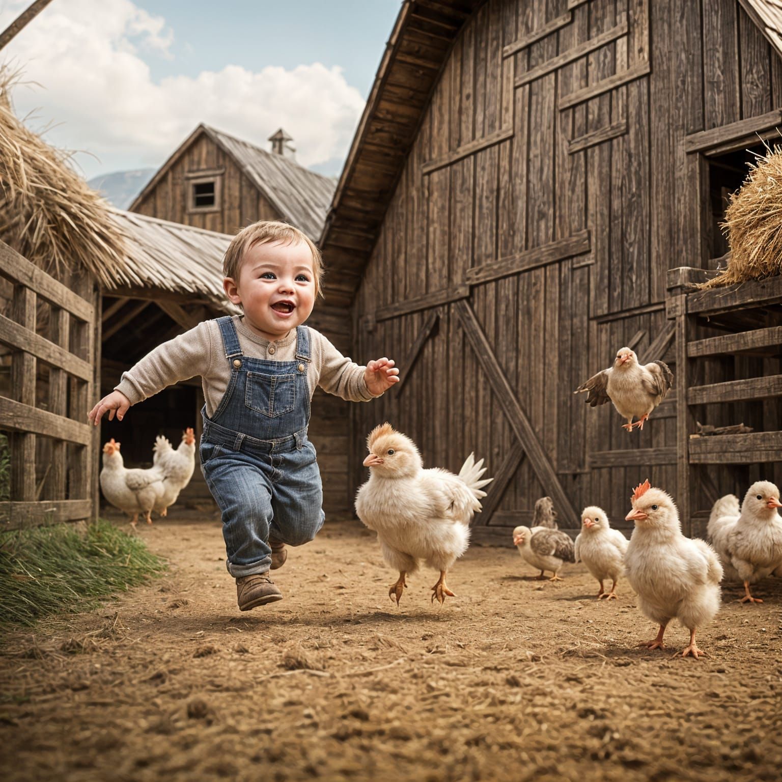 Fat Little Chicken Escapes Happy Farmer in Cozy Barn Scene