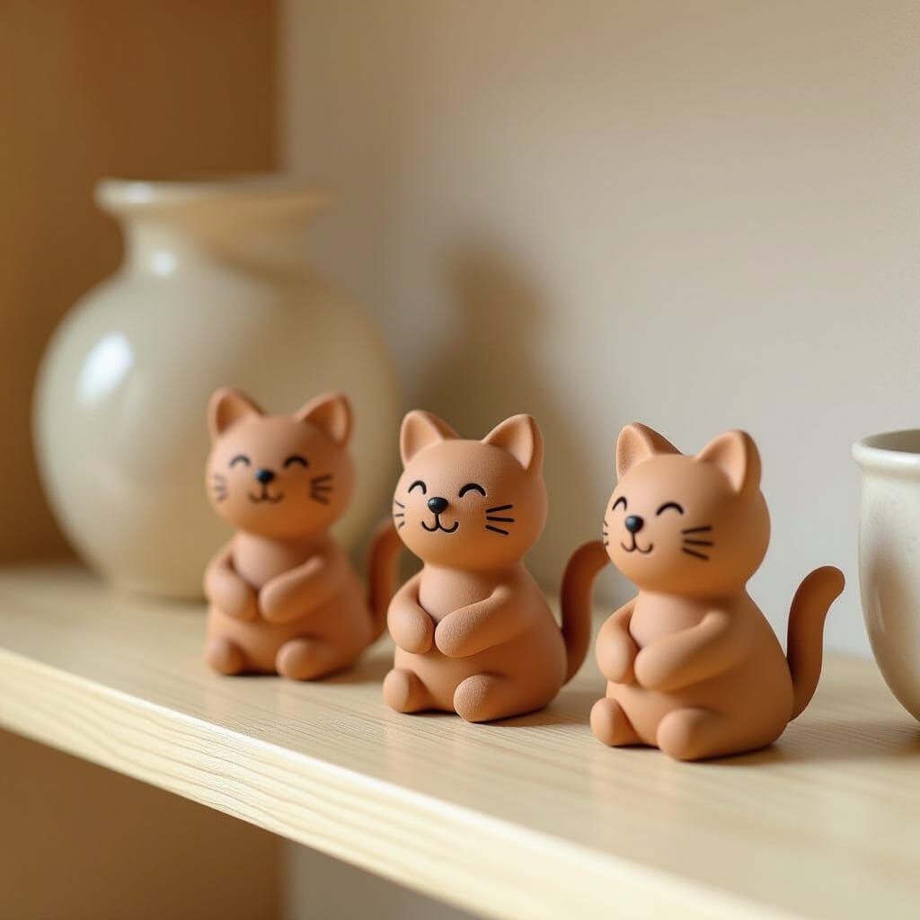 Lovely Clay Cat Ocarinas on Shelf in Soft Focus