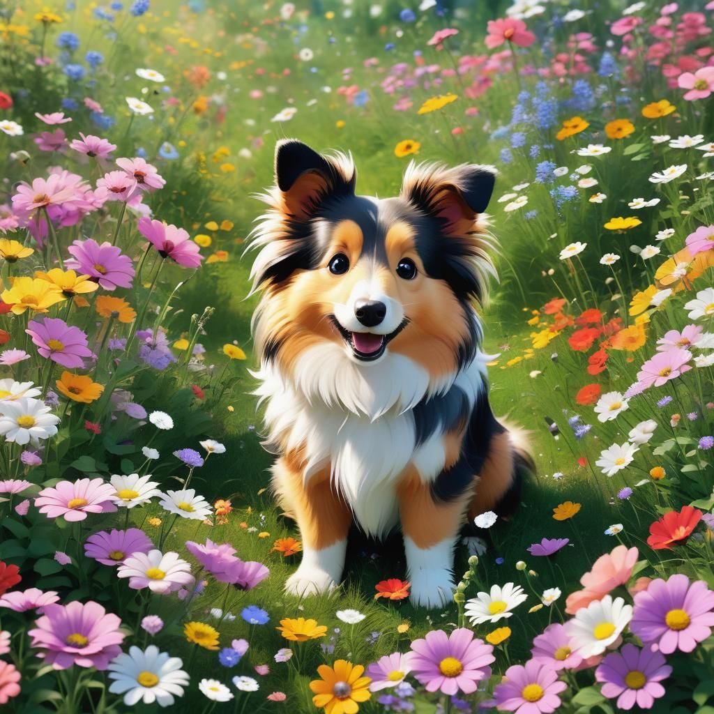 Playful Sheltie Puppy in Anime Meadow