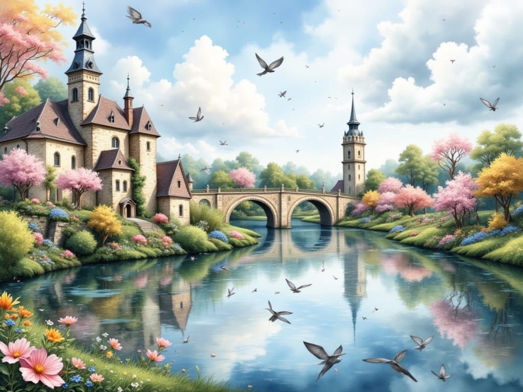 French Village Landscape in Detailed Watercolor Style