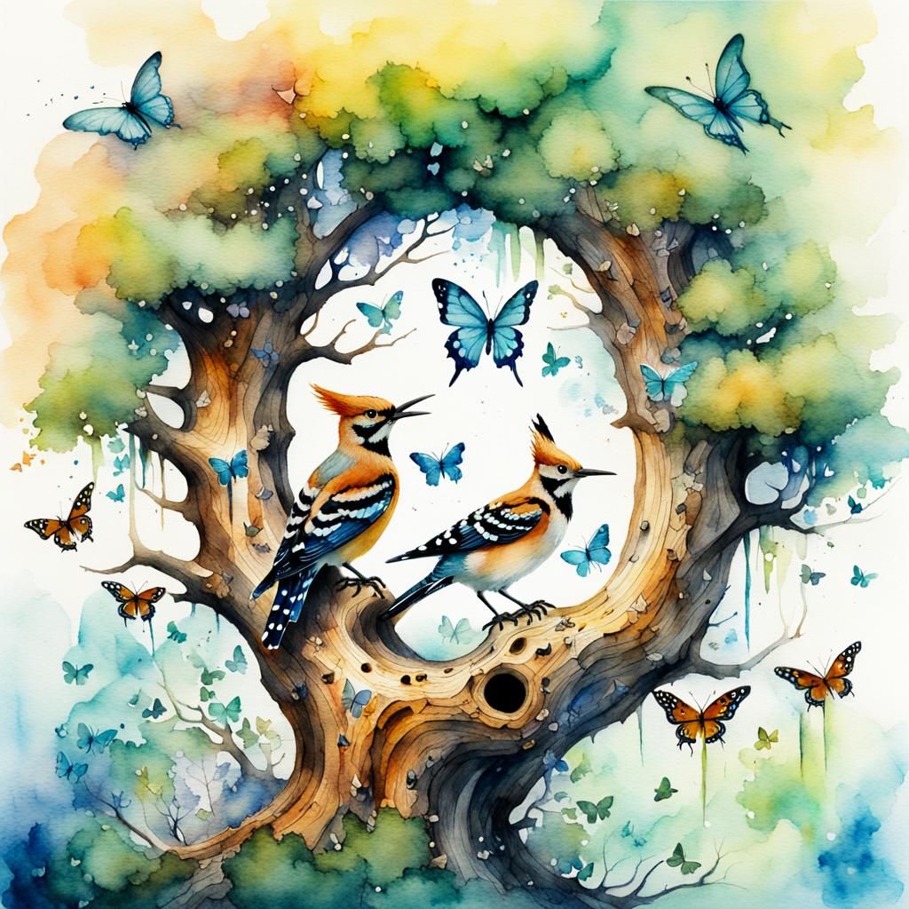 Hoopoe Feeding Babies: Watercolor Fairycore Fantasy