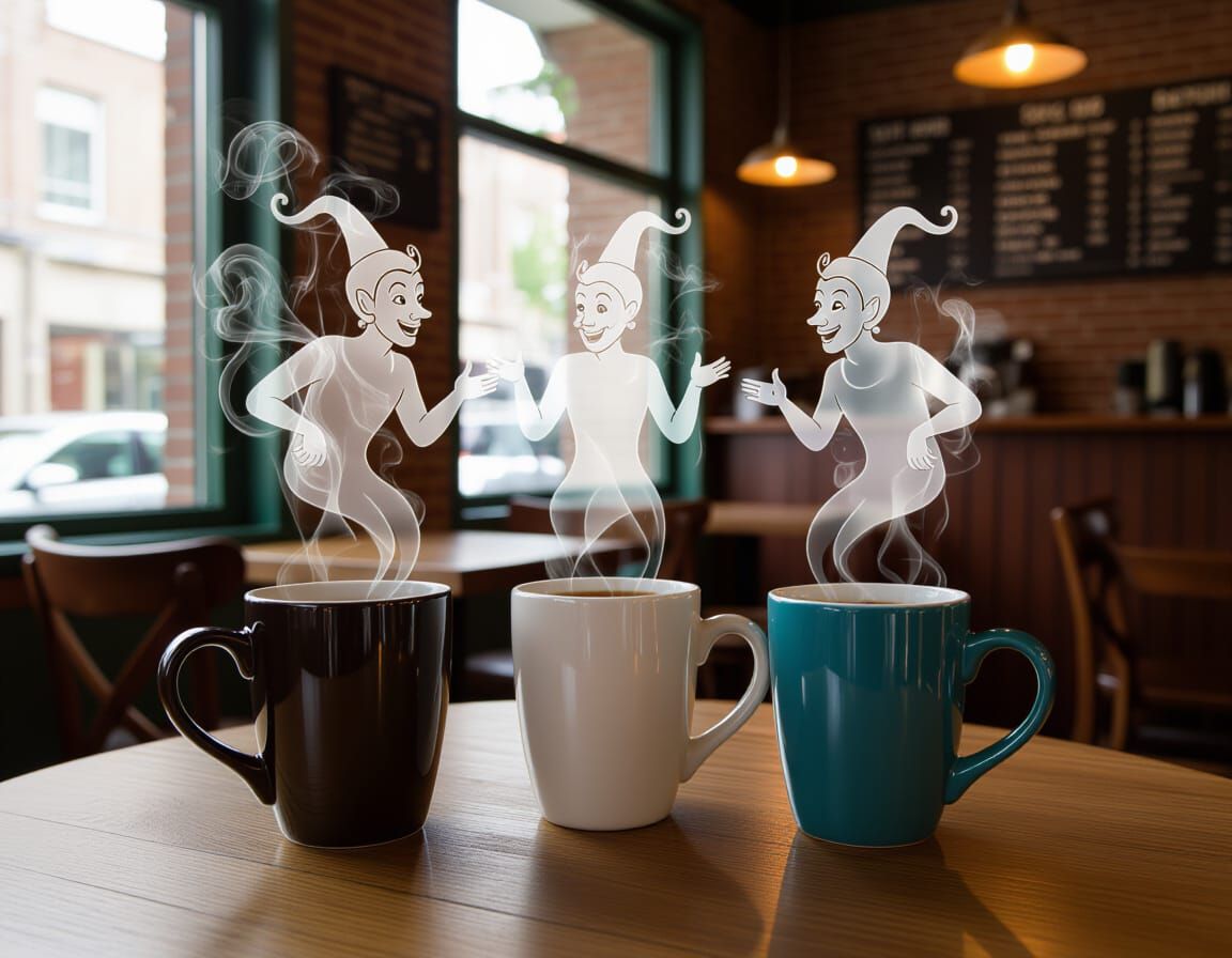 Djinn Spirits Emerge from Coffee Mugs in Joyful Café Scene