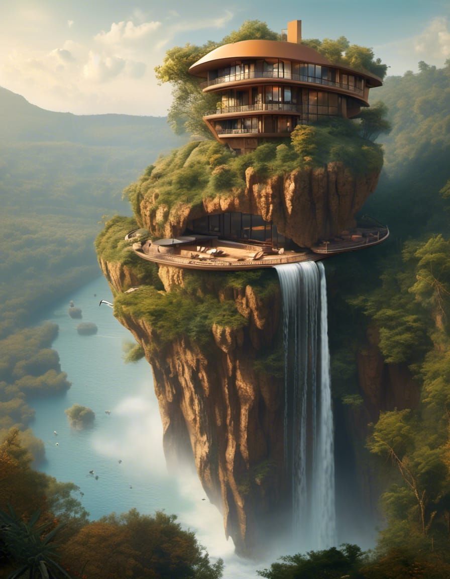 Cliffside House with Waterfall: Architectural Marvel