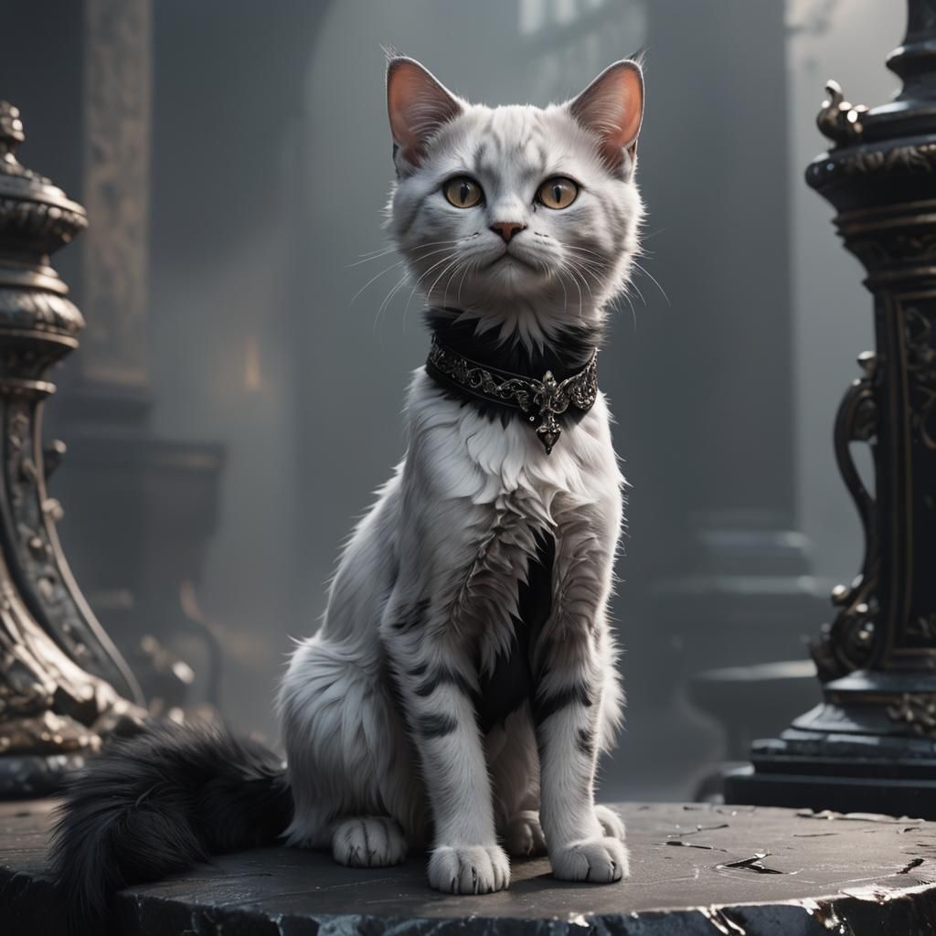 A sleek goth kitten. Her fur is groomed and styles with elegance and poise. She wears a gorgeous black silk collar with ...