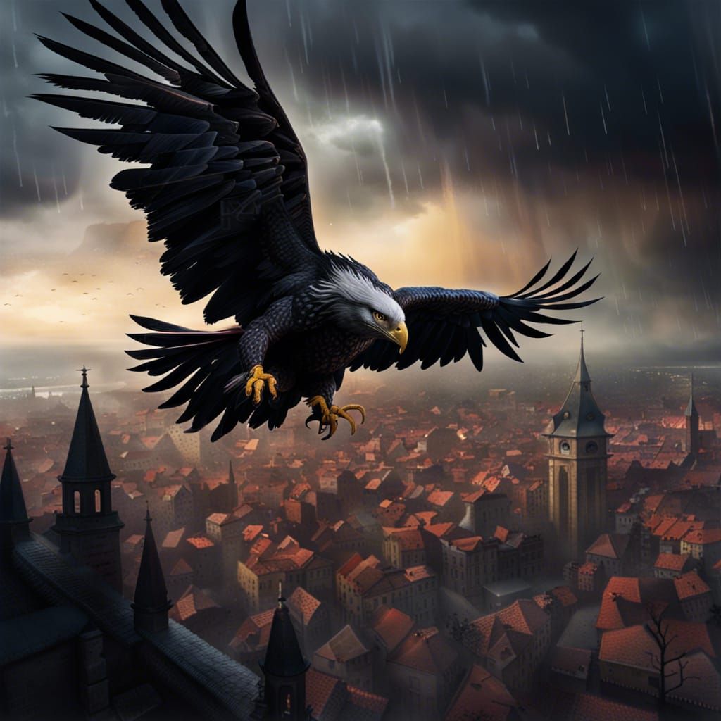 Black Eagle Over Dark Medieval City