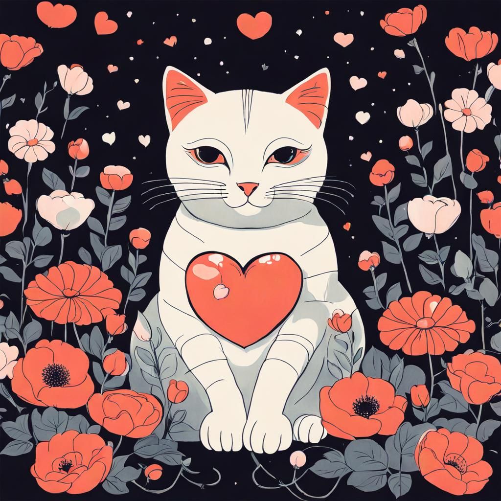 Cute Cat in Bauhaus Style Floral Still Life