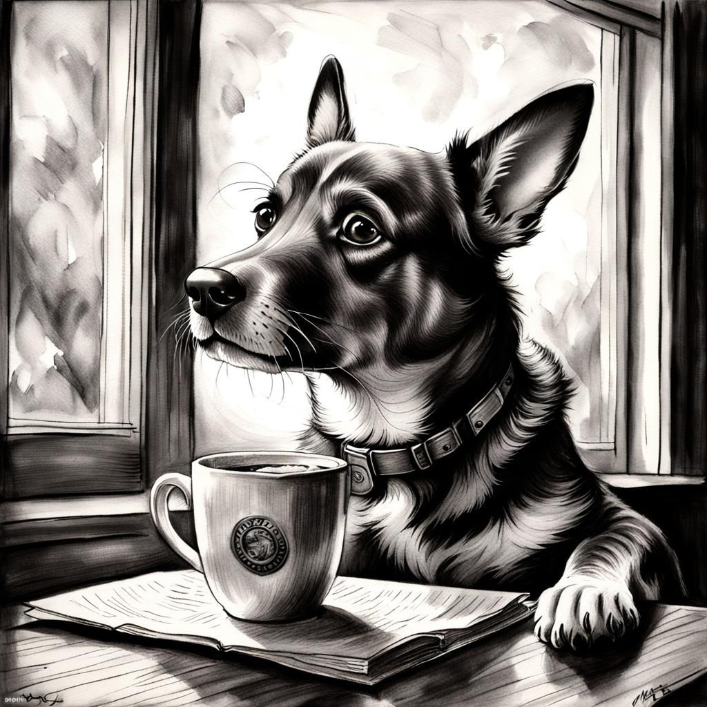 Dog Sipping Coffee: Hyperdetailed Charcoal Portrait