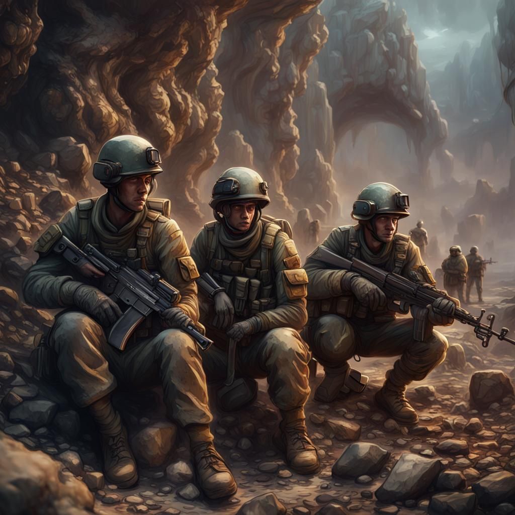 Tired Soldiers on the Front Line in Matte Painting Style