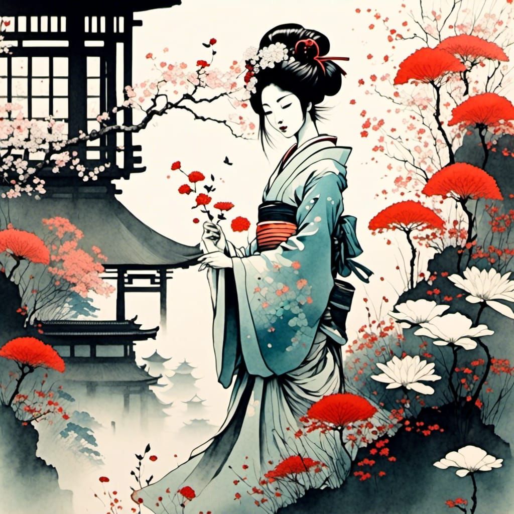 Minimalist Japanese Ink Painting of a Cute Geisha