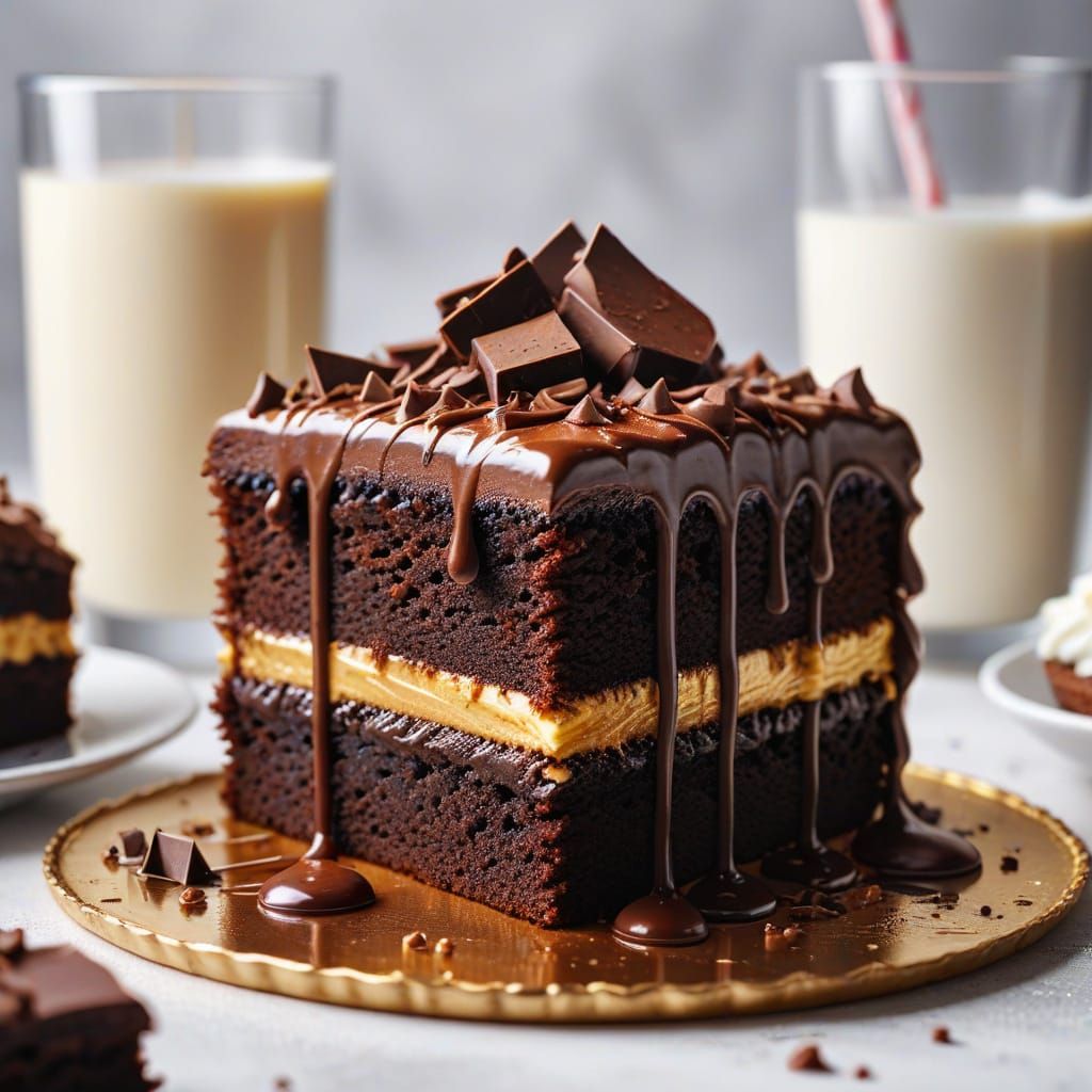 Hyperrealistic Chocolate Cake and Milk in Vivid Golden Light