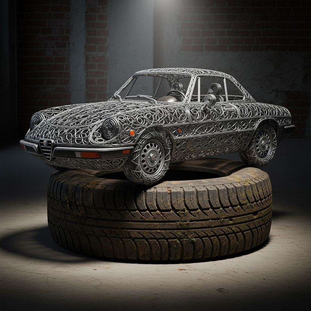 Alfa Romeo Spider Wire Sculpture on Tire Pedestal