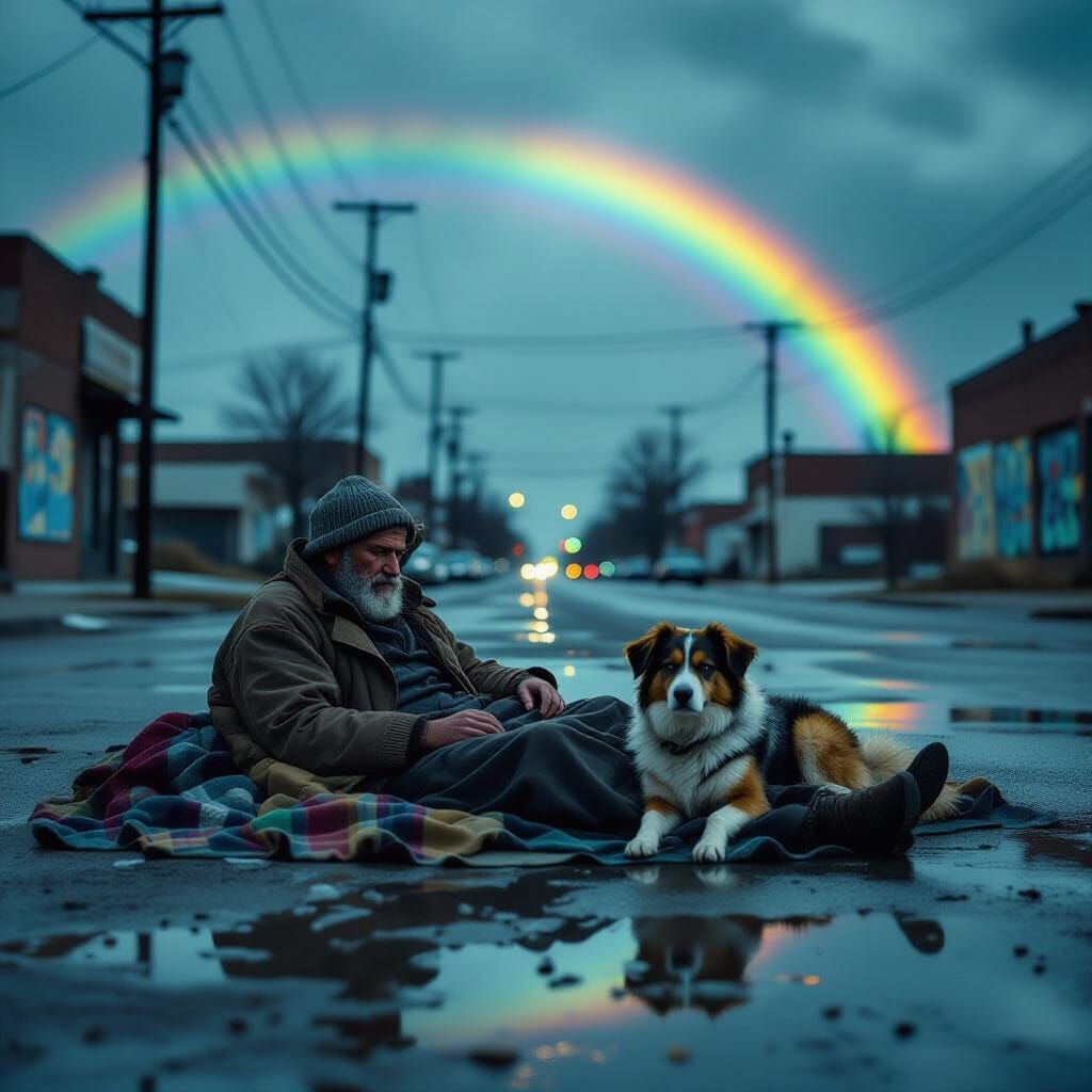 Homeless Man and Dog in Crumbling Cityscape