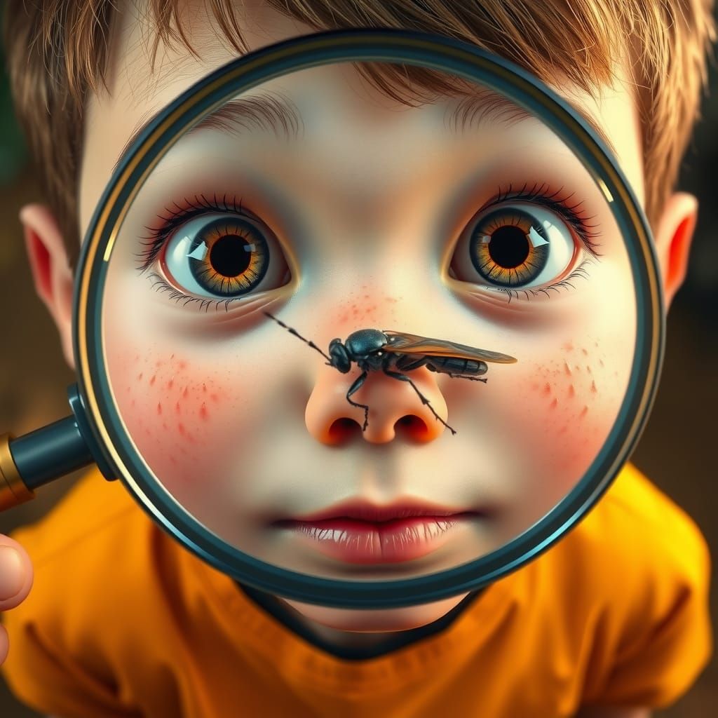 Pixar-Style Kid Magnifying Bug: A Close-Up View