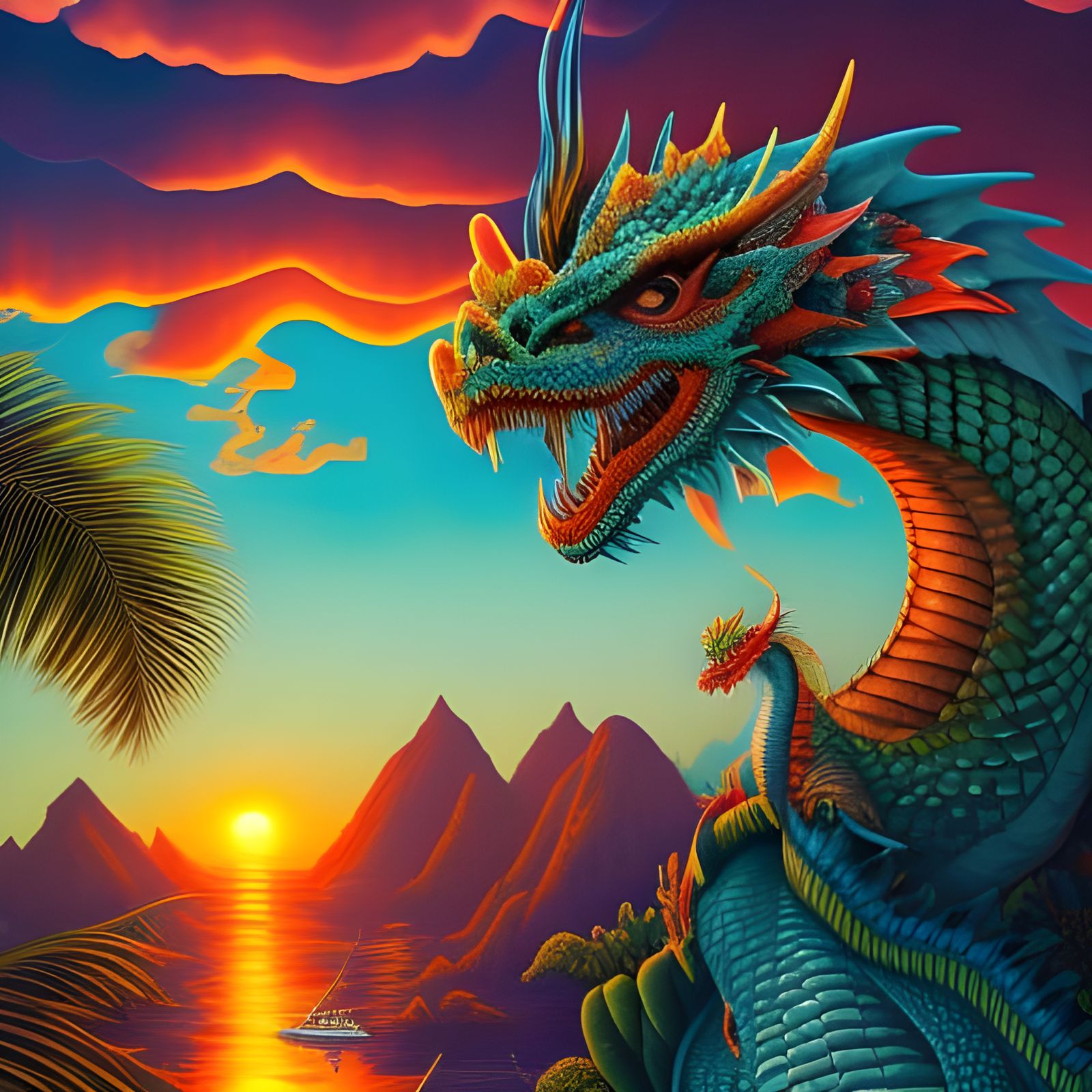 Dragon Flight Over Tropical Island Sunset