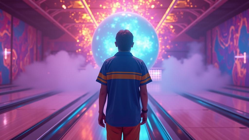 Neon Dreamscape Bowling Scene in Vibrant, Electric Blue